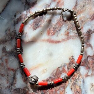 Coral and Silver Beaded Bracelet